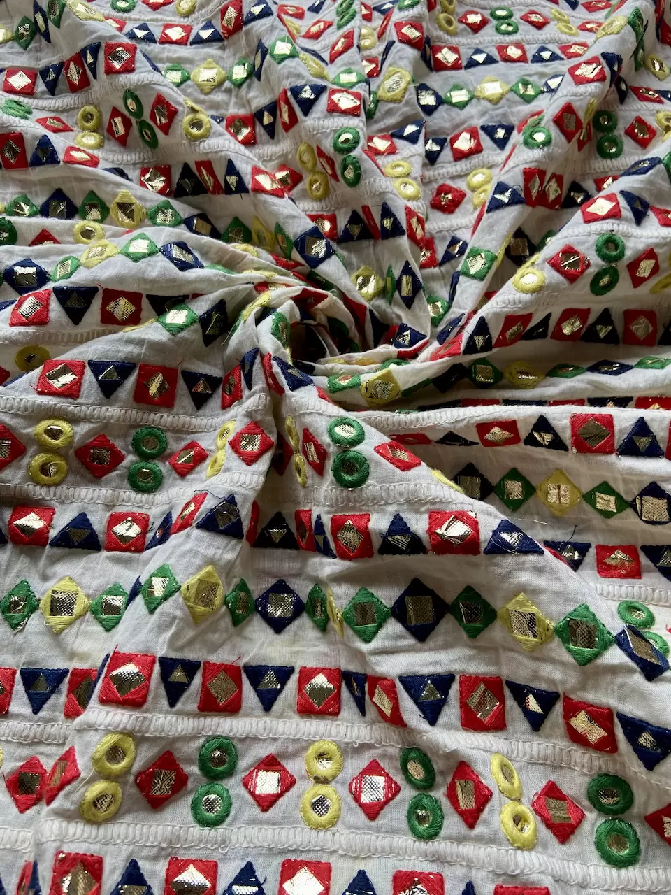 Multicolour Faux Mirror Embroidery On Cream Cora Cotton Fabric