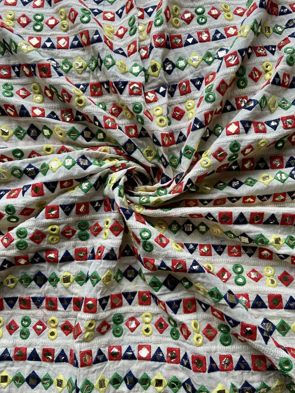 Multicolour Faux Mirror Embroidery On Cream Cora Cotton Fabric