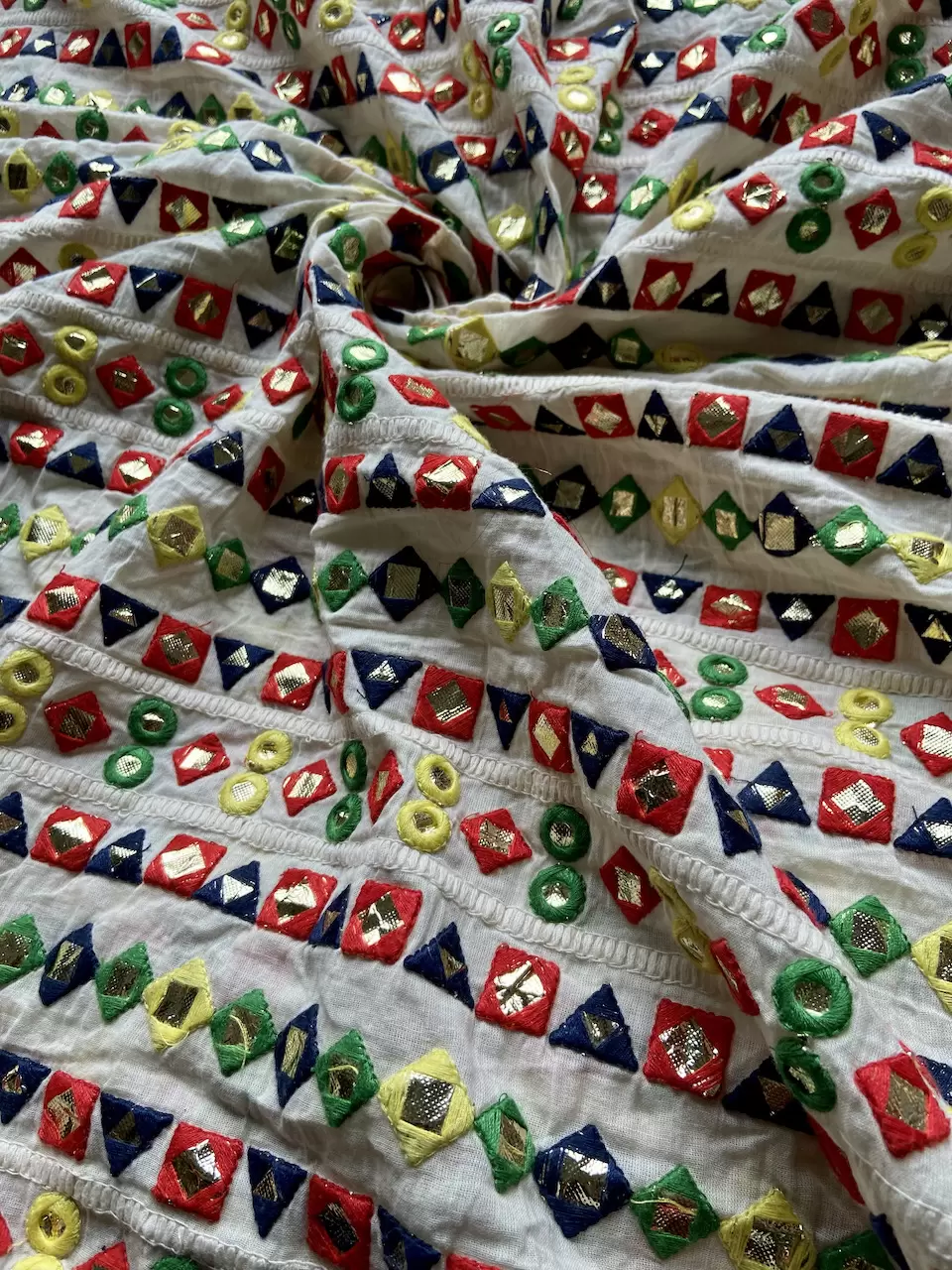 Multicolour Faux Mirror Embroidery On Cream Cora Cotton Fabric