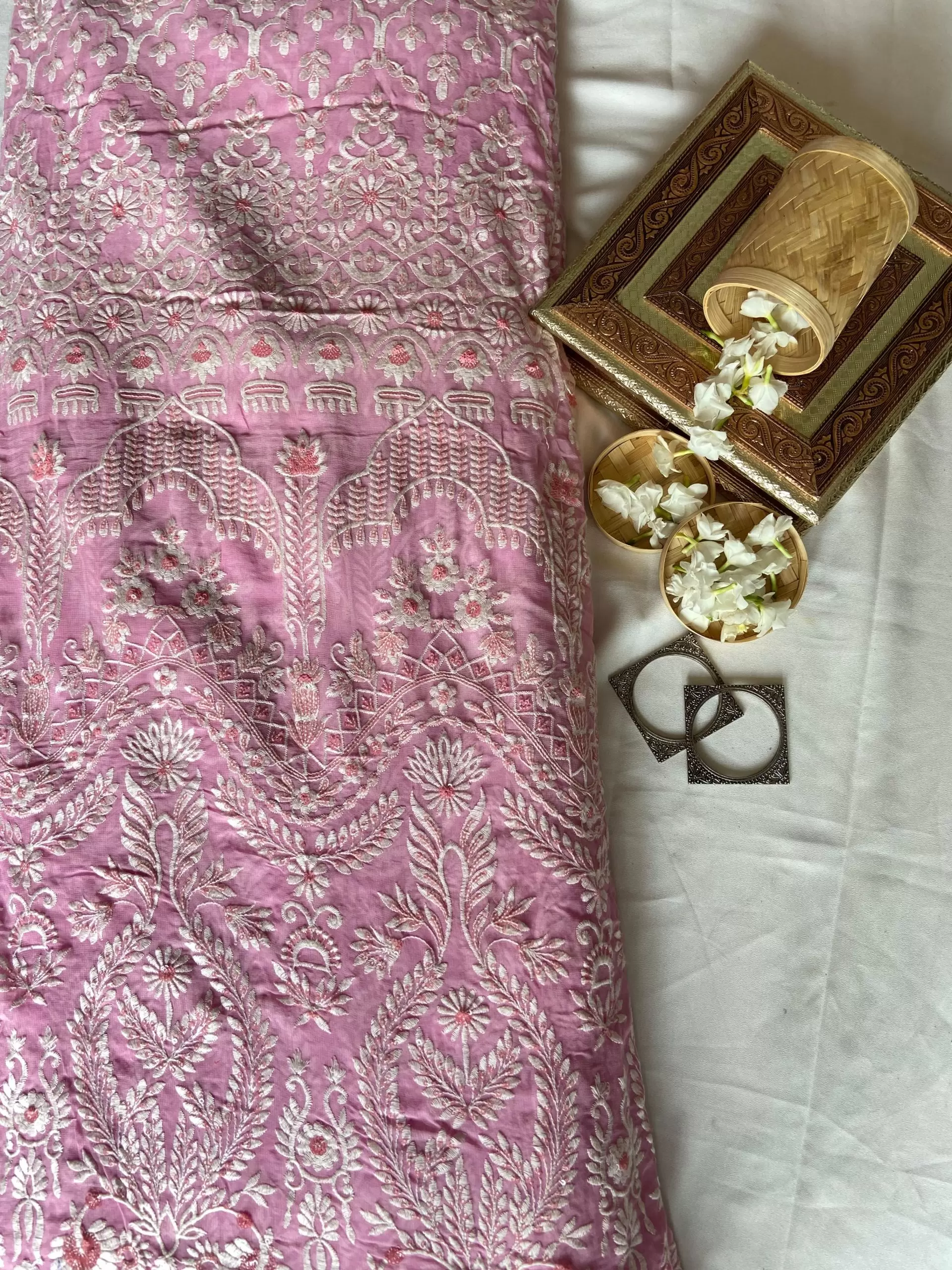 White Thread & Sequin Embroidery On Baby Pink Viscose Georgette In Big Width