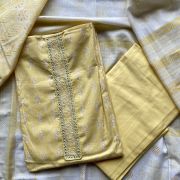 Yellow Block Print On Unstitched Cotton Suit Set