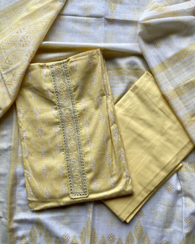 Yellow Block Print On Unstitched Cotton Suit Set
