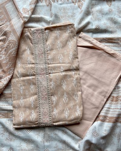 Light Brown Block Print On Unstitched Cotton Suit Set