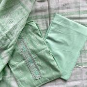 Seafoam GreenBlock Print On Unstitched Cotton Suit Set