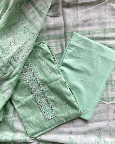 Seafoam GreenBlock Print On Unstitched Cotton Suit Set