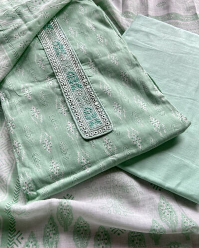 Seafoam GreenBlock Print On Unstitched Cotton Suit Set