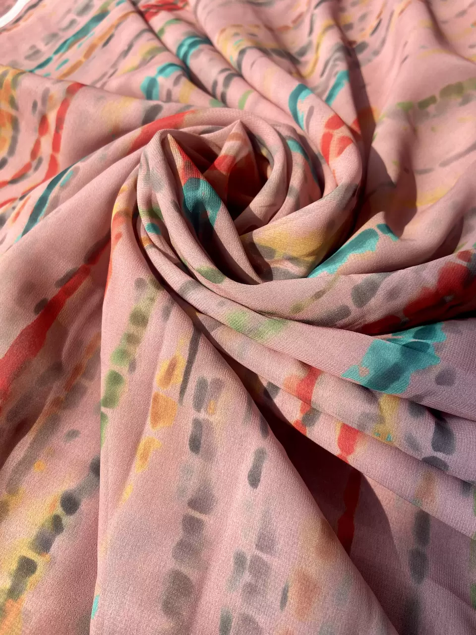 Multicolor Tie & Dye Print On Peach Georgette FAbric