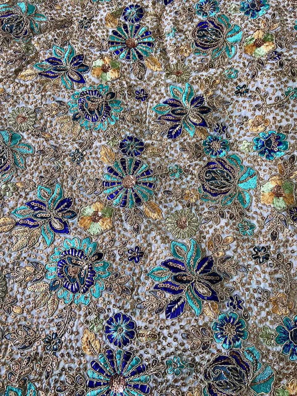 Heavy Floral Thread & Sequin Embroidery On Cream Georgette Fabric