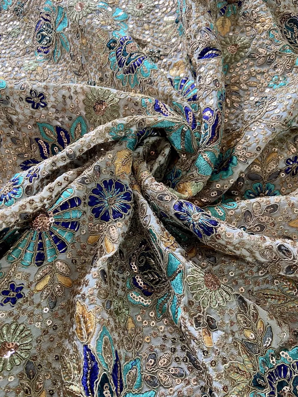 Heavy Floral Thread & Sequin Embroidery On Cream Georgette Fabric