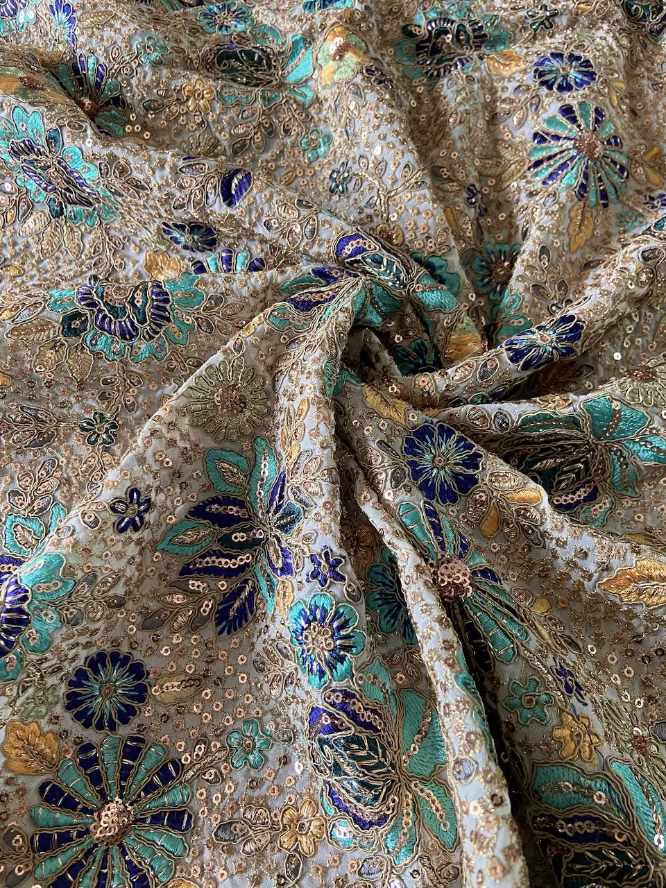 Heavy Floral Thread & Sequin Embroidery On Cream Georgette Fabric