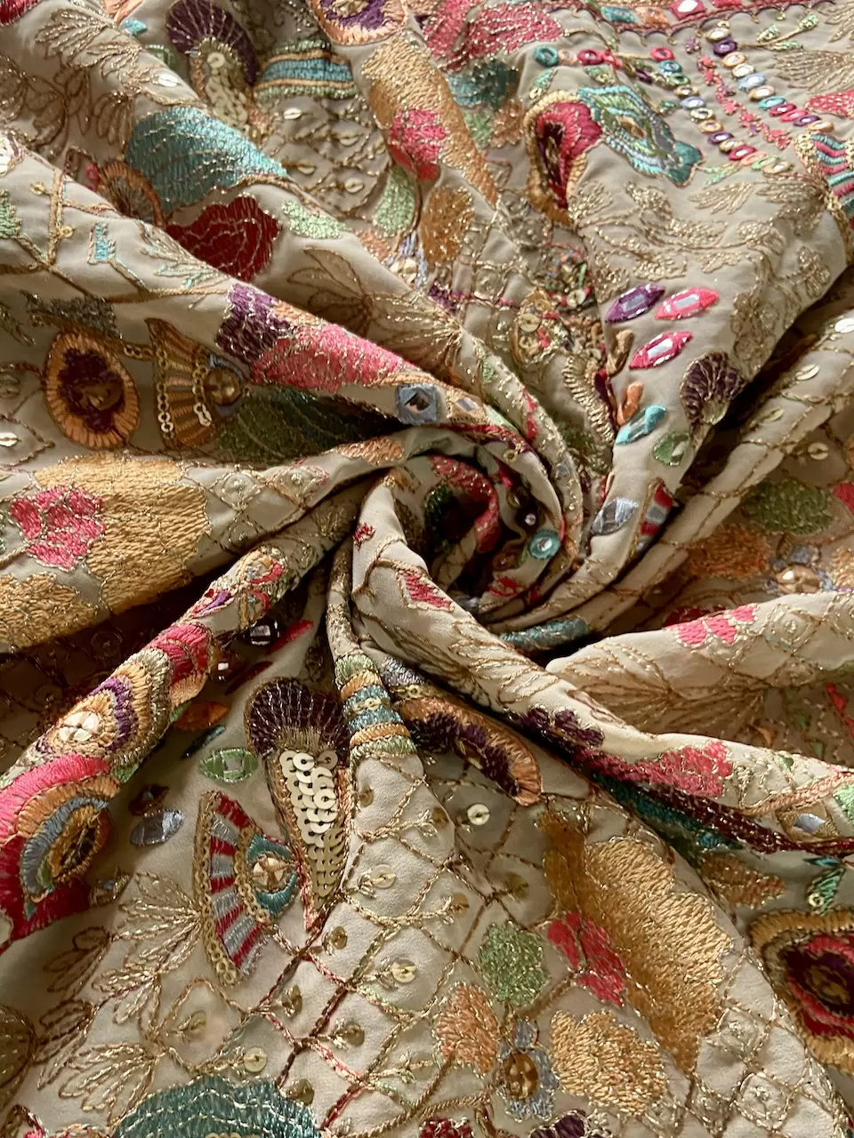 Heavy Floral Thread & Sequin Embroidery On Gold Georgette Fabric