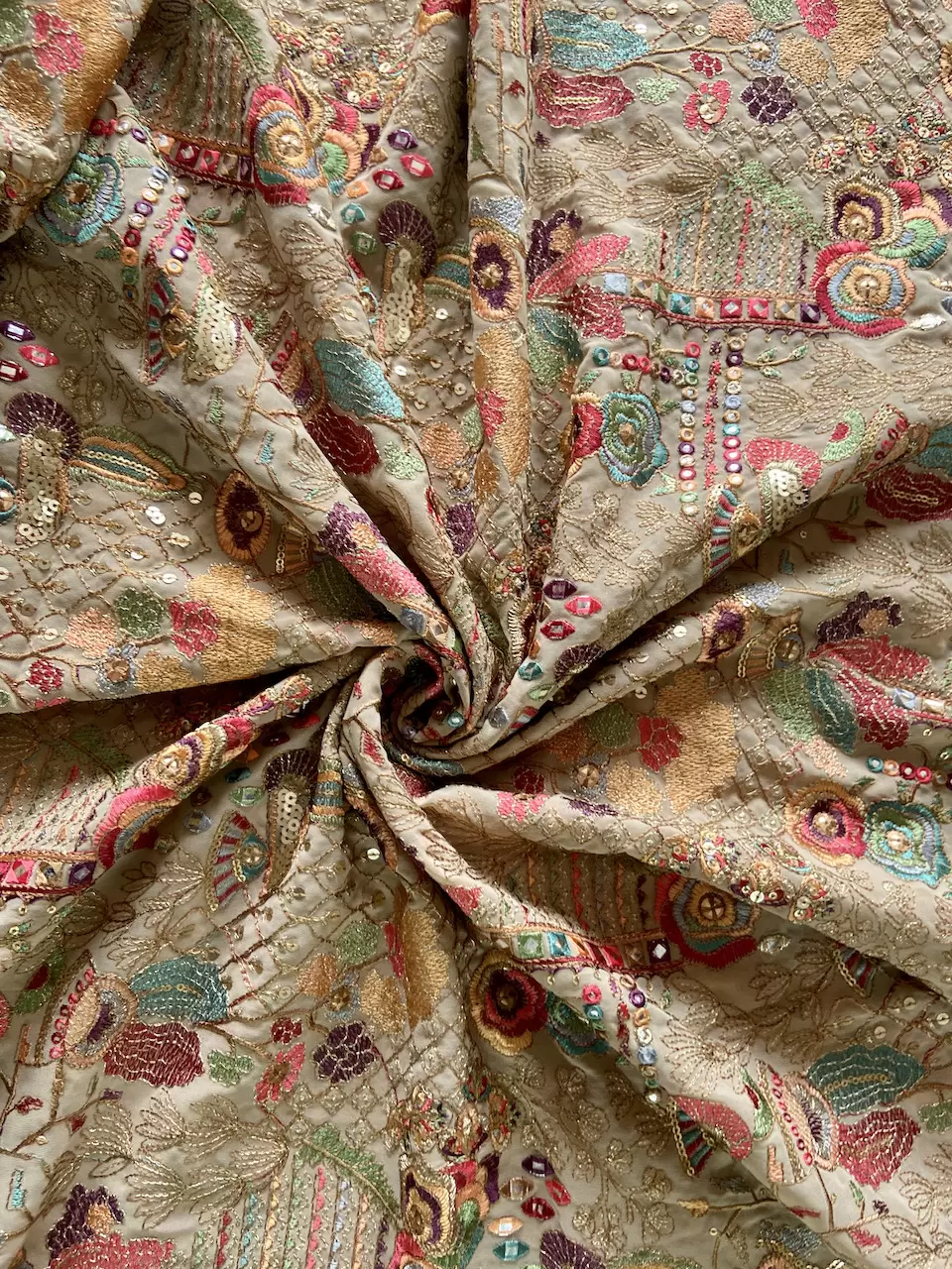 Heavy Floral Thread & Sequin Embroidery On Gold Georgette Fabric