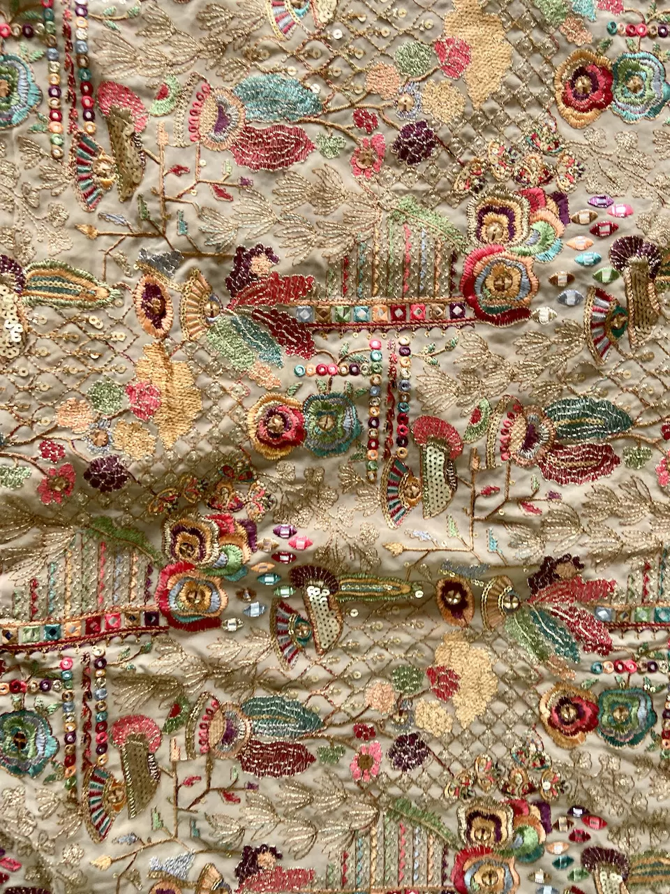 Heavy Floral Thread & Sequin Embroidery On Gold Georgette Fabric