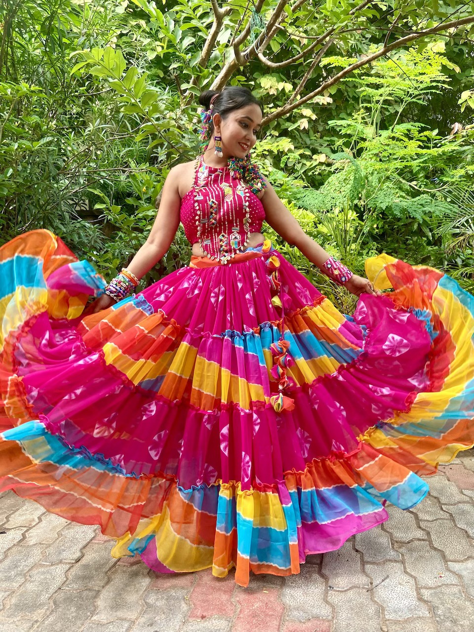 Chiffon Multicolour & Pink Chania Choli