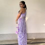 Lavender Embroidered One Shoulder Drape Dress