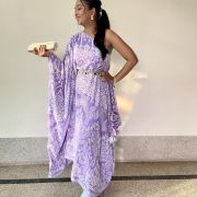 Lavender Embroidered One Shoulder Drape Dress