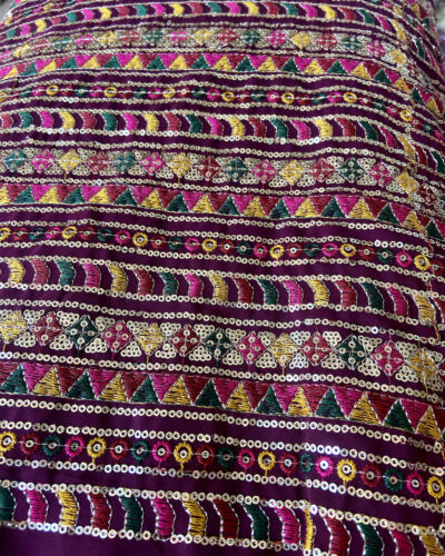 Multicolour Stripe Pattern Thread & Sequin Embroidery On Wine Georgette Fabric