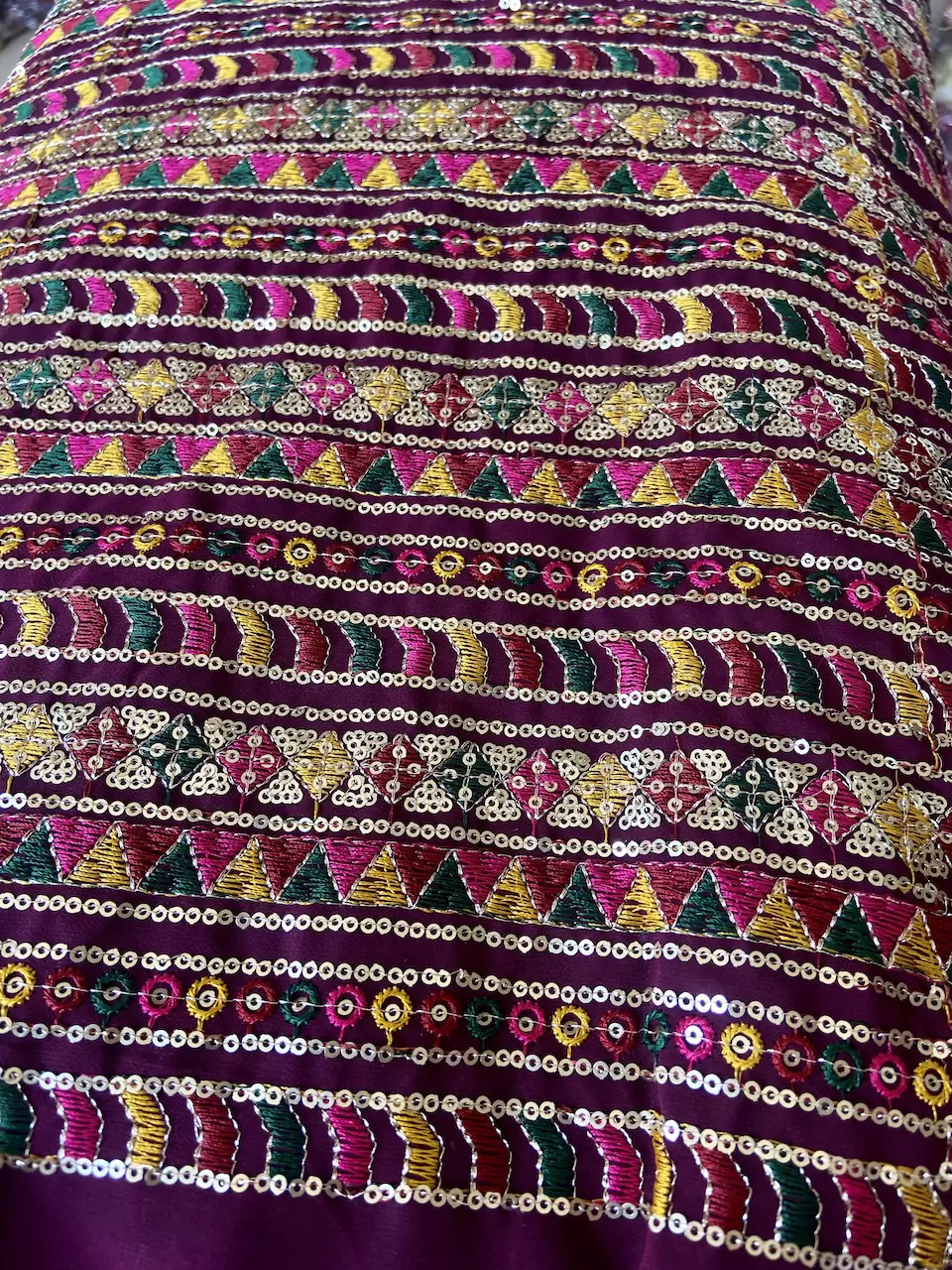 Multicolour Stripe Pattern Thread & Sequin Embroidery On Wine Georgette Fabric