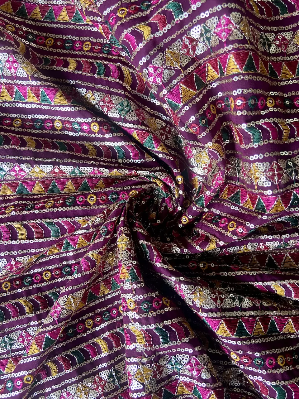 Multicolour Stripe Pattern Thread & Sequin Embroidery On Wine Georgette Fabric