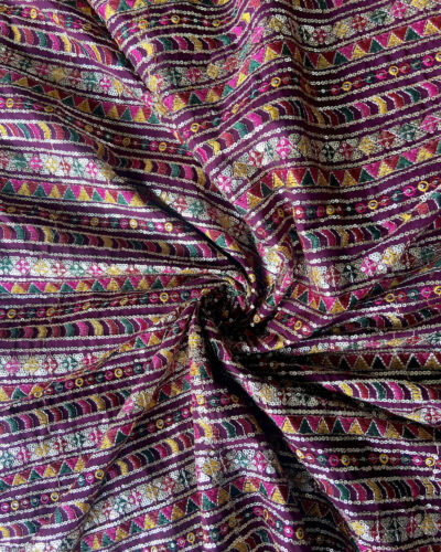 Multicolour Stripe Pattern Thread & Sequin Embroidery On Wine Georgette Fabric