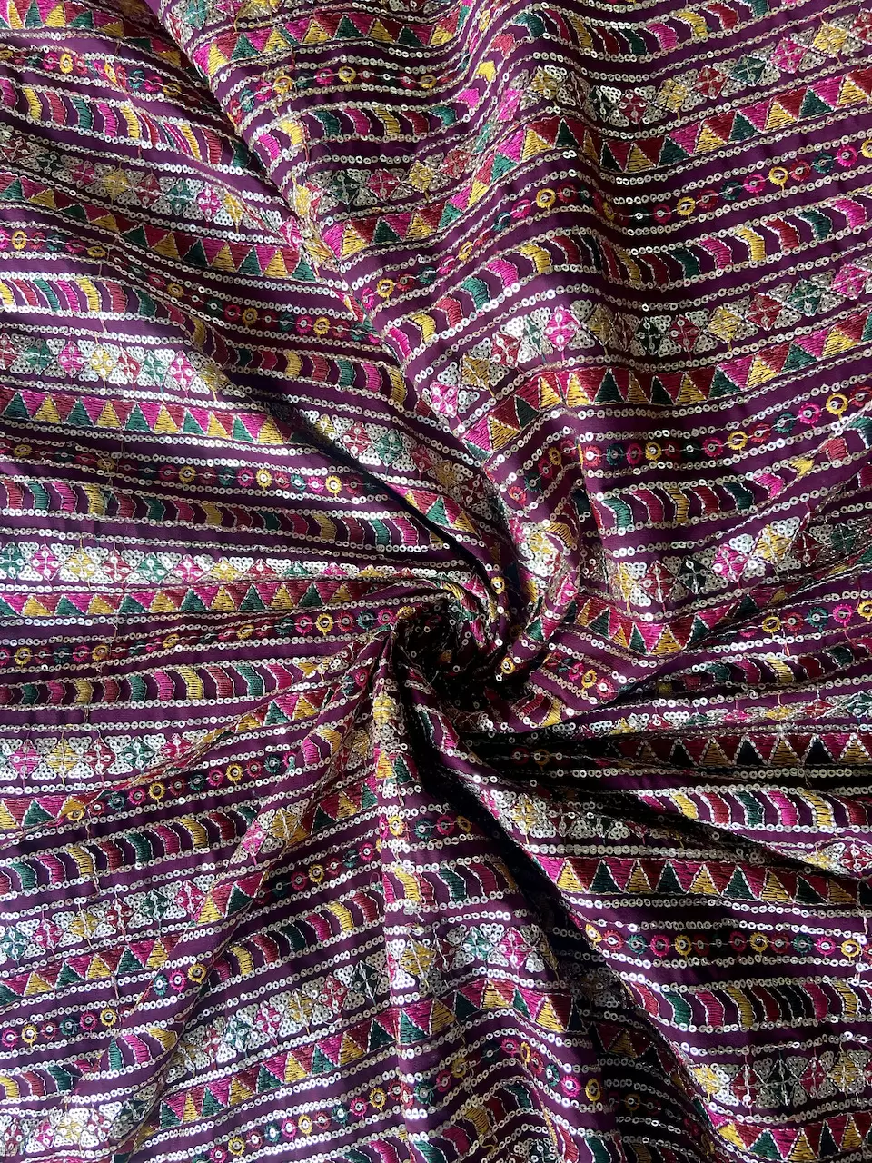 Multicolour Stripe Pattern Thread & Sequin Embroidery On Wine Georgette Fabric