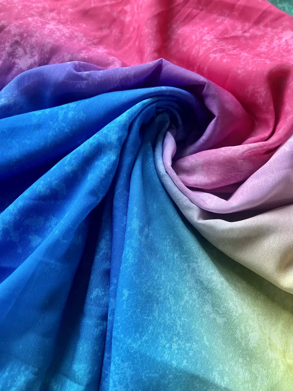 Multicolour Shibori Rainbow Pattern Digital Print On Orange Chiffon Fabric