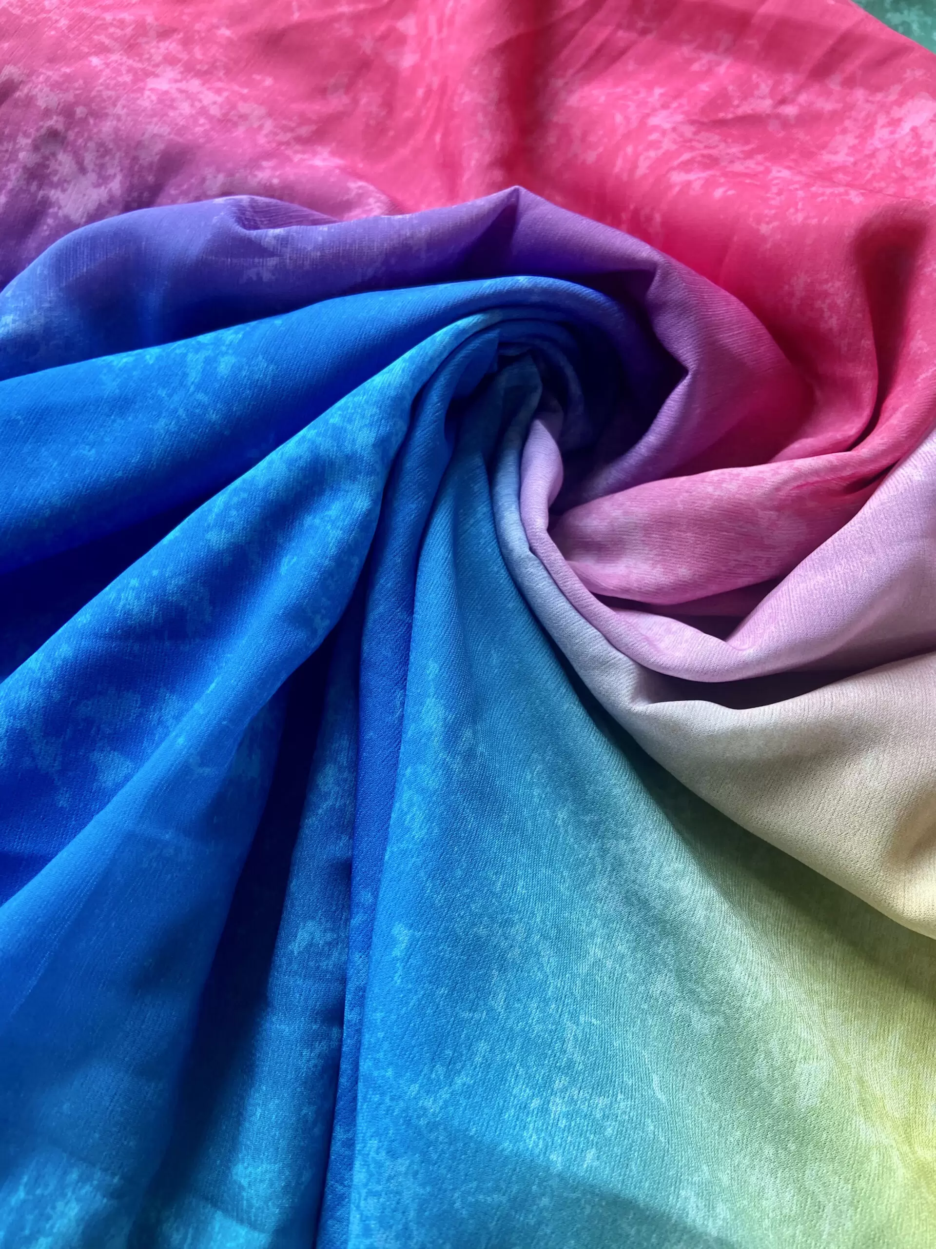 Multicolour Shibori Rainbow Pattern Digital Print On Orange Chiffon Fabric