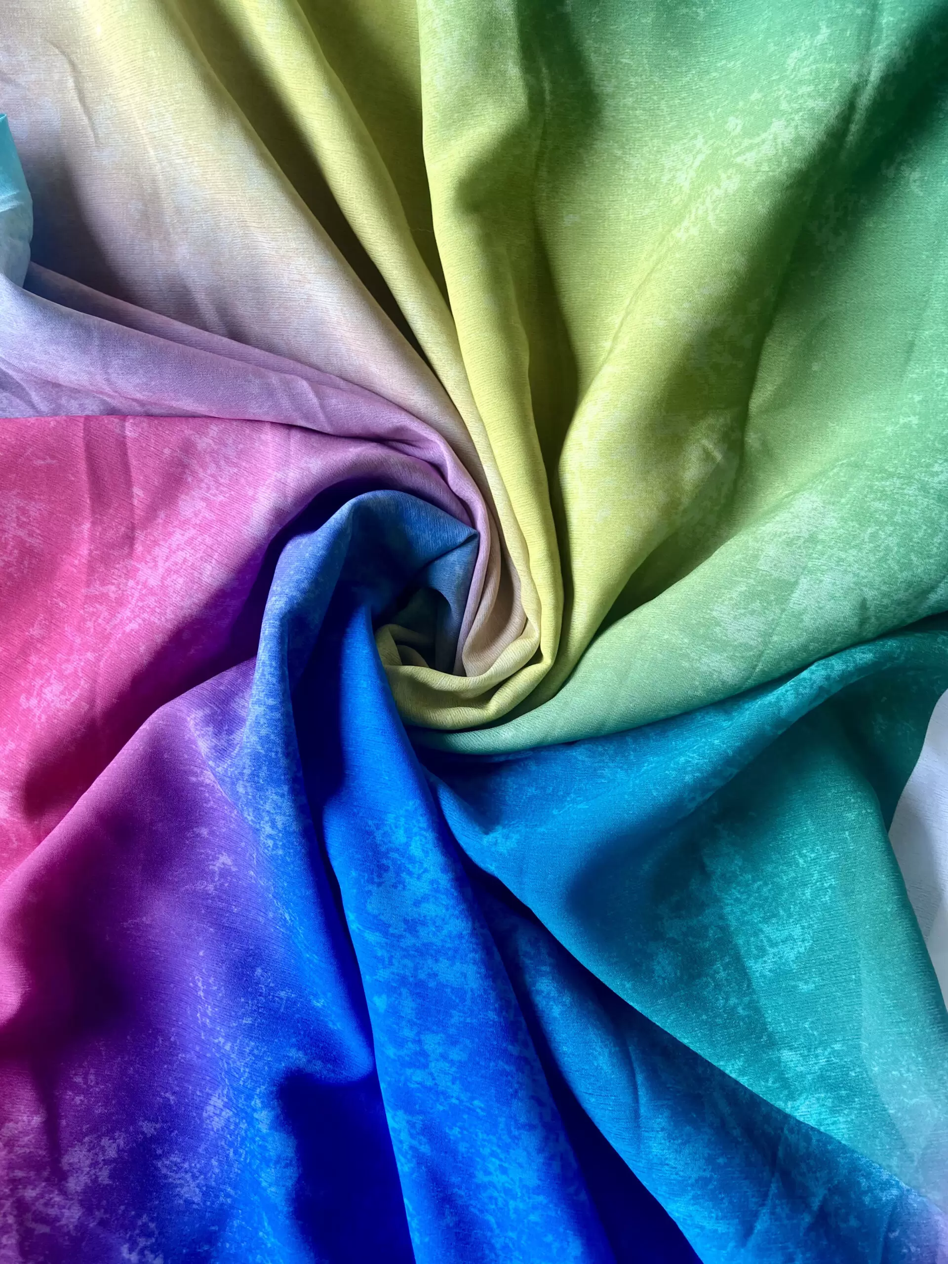 Multicolour Shibori Rainbow Pattern Digital Print On Orange Chiffon Fabric