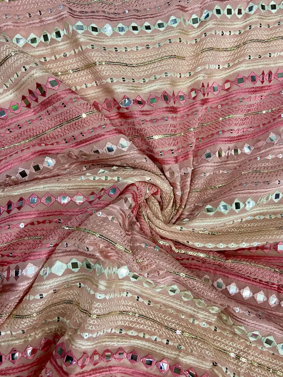 Thread, Sequin & Mirror Embroidery On Peach Geoergette