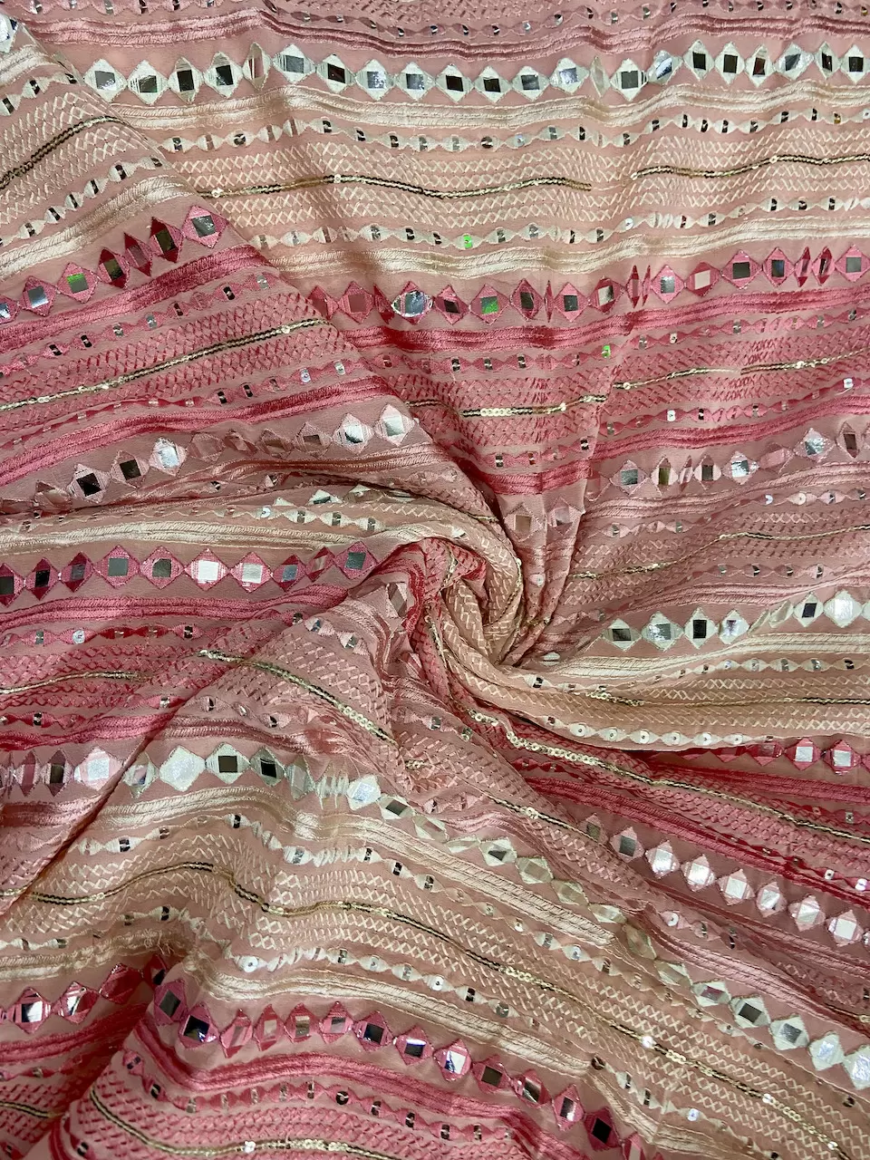 Thread, Sequin & Mirror Embroidery On Peach Geoergette