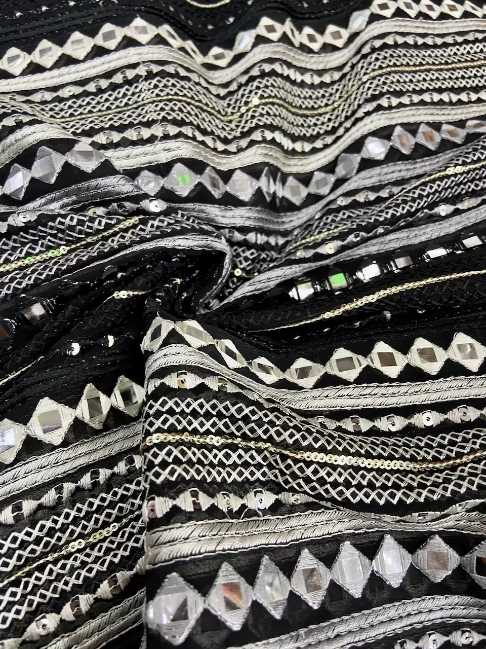 Thread, Sequin & Mirror Embroidery On Black Georgette