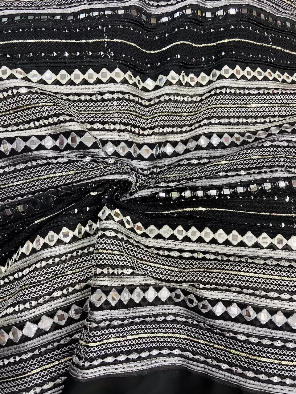 Thread, Sequin & Mirror Embroidery On Black Georgette