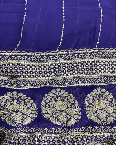 Gold Sequin Embroidery With Heavy Border On Purple Georgette Fabric