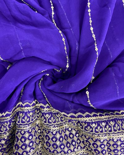 Gold Sequin Embroidery With Heavy Border On Purple Georgette Fabric