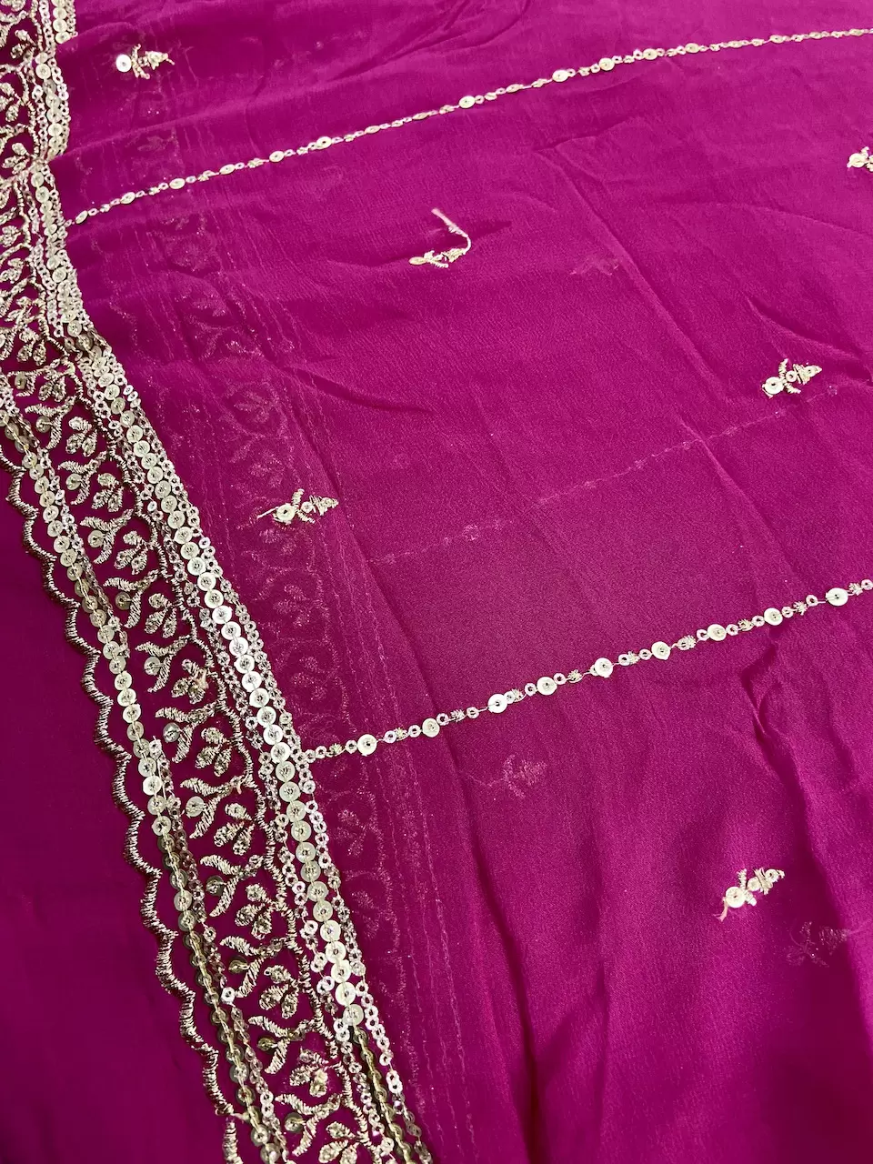 Dupatta - Gold Sequin Embroidery On Hot Pink Georgette Fabric