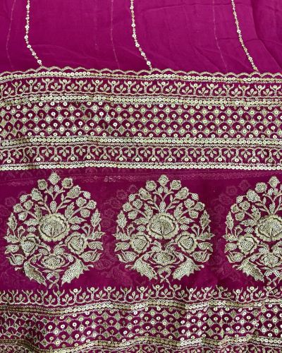 Gold Sequin Embroidery With Heavy Border On Hot Pink Georgette Fabric