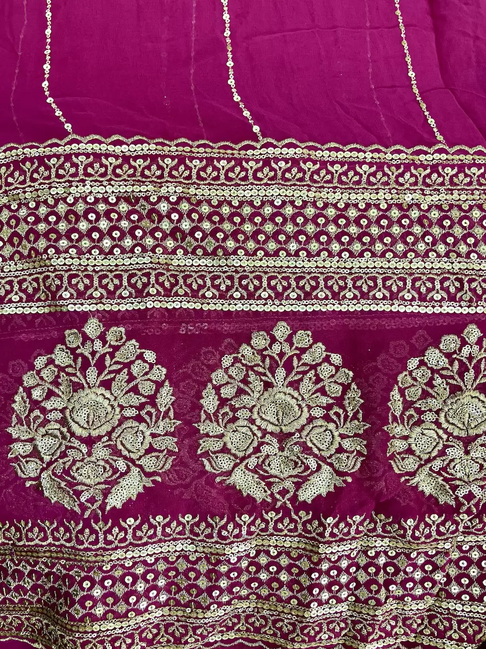 Gold Sequin Embroidery With Heavy Border On Hot Pink Georgette Fabric
