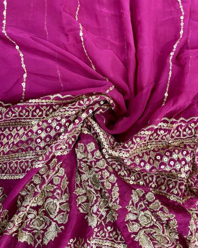 Gold Sequin Embroidery With Heavy Border On Hot Pink Georgette Fabric