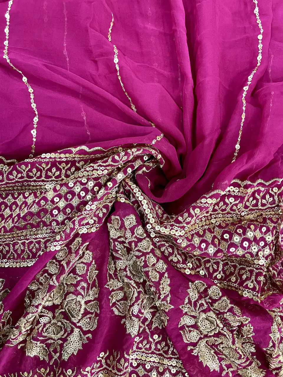 Gold Sequin Embroidery With Heavy Border On Hot Pink Georgette Fabric