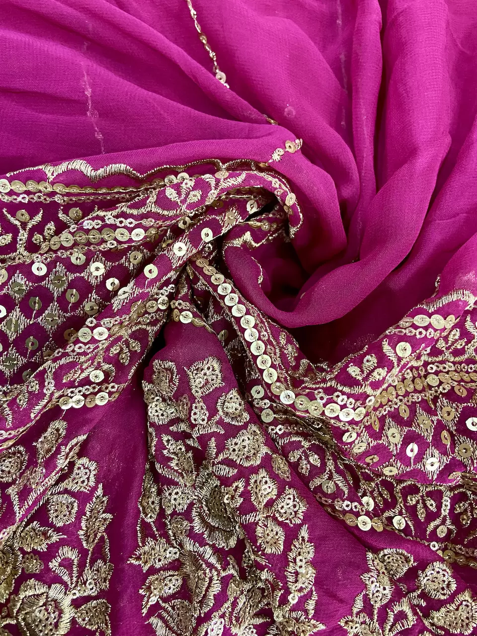Gold Sequin Embroidery With Heavy Border On Hot Pink Georgette Fabric