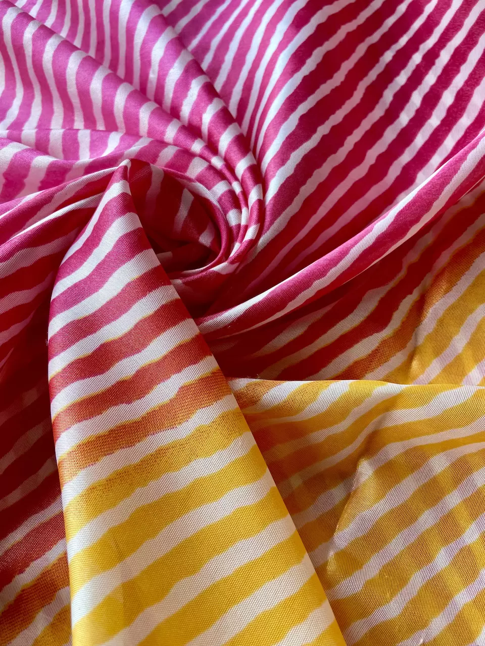 Rani Yellow Multi Leheriya Print On Chinnon Fabric