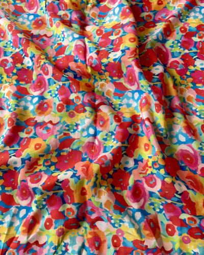 Multicolour Abstract Floral Printed Pure Muslin Silk Fabric – Red & Yellow