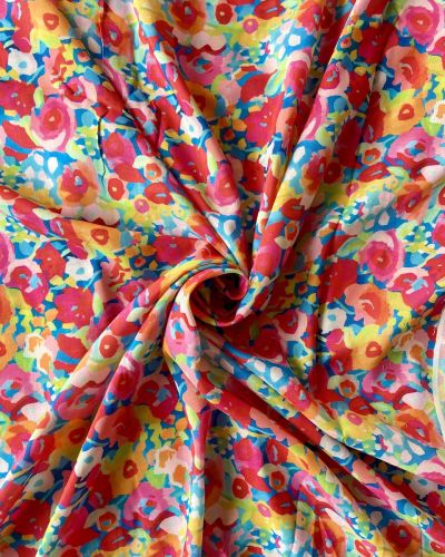 Multicolour Abstract Floral Printed Pure Muslin Silk Fabric – Red & Yellow