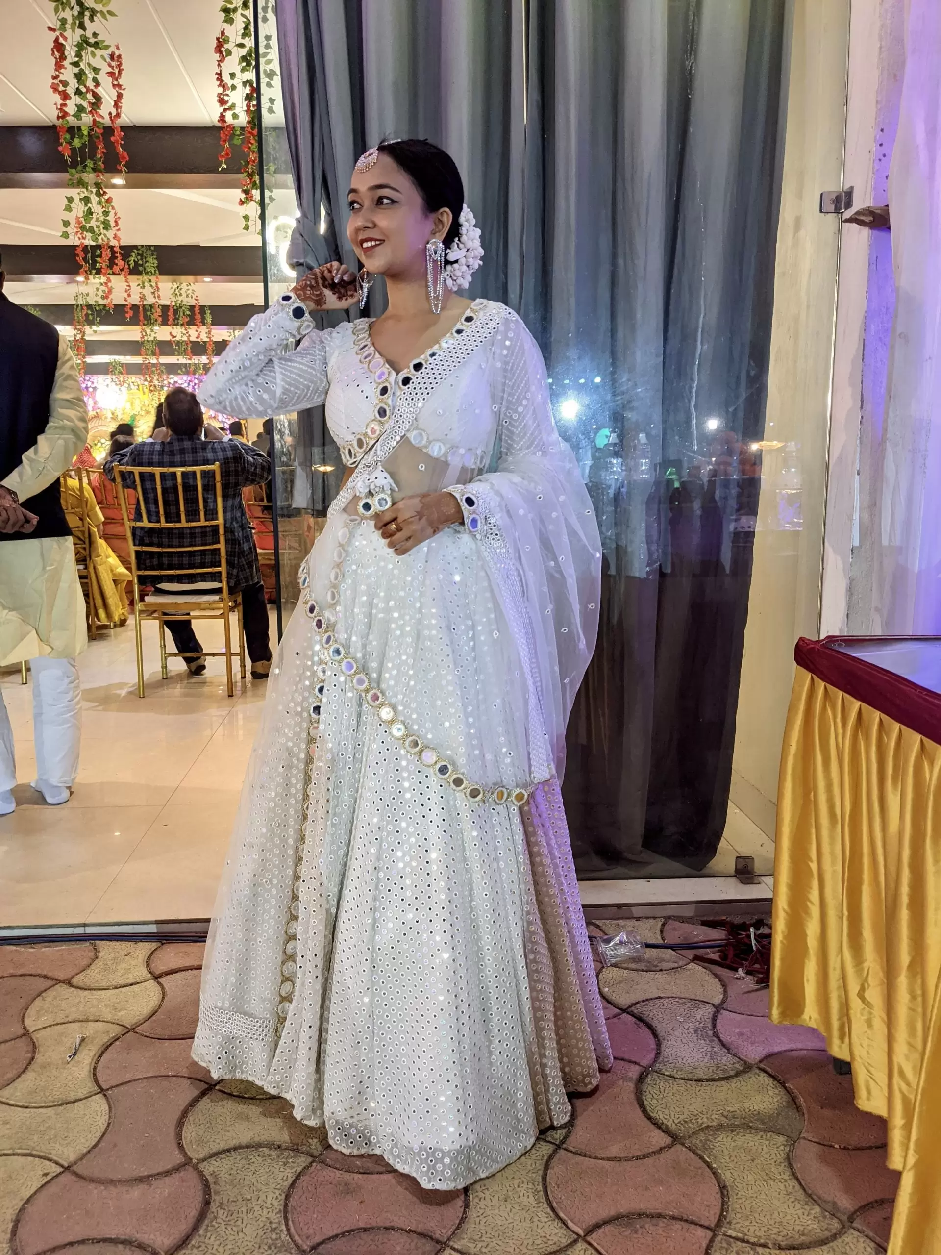 Heavy Faux Mirror Embroidery On White Pure Georgette Lehenga Set