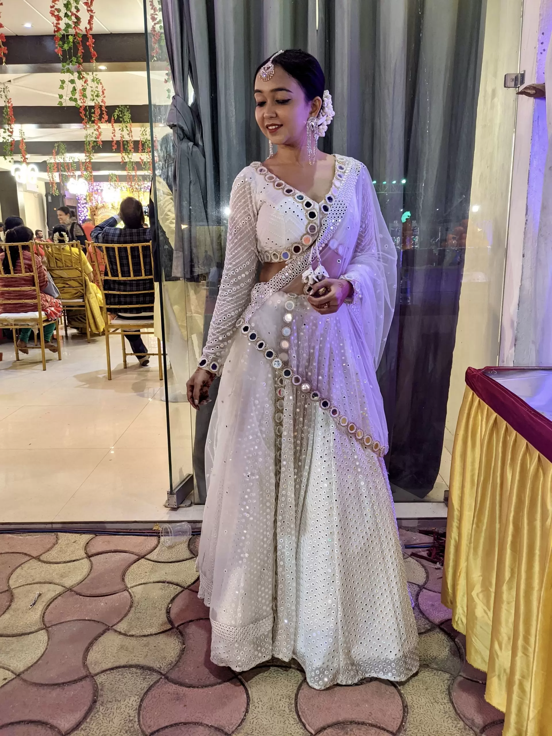 Heavy Faux Mirror Embroidery On White Pure Georgette Lehenga Set