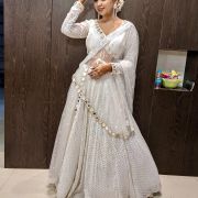 Heavy Faux Mirror Embroidery On White Pure Georgette Lehenga Set