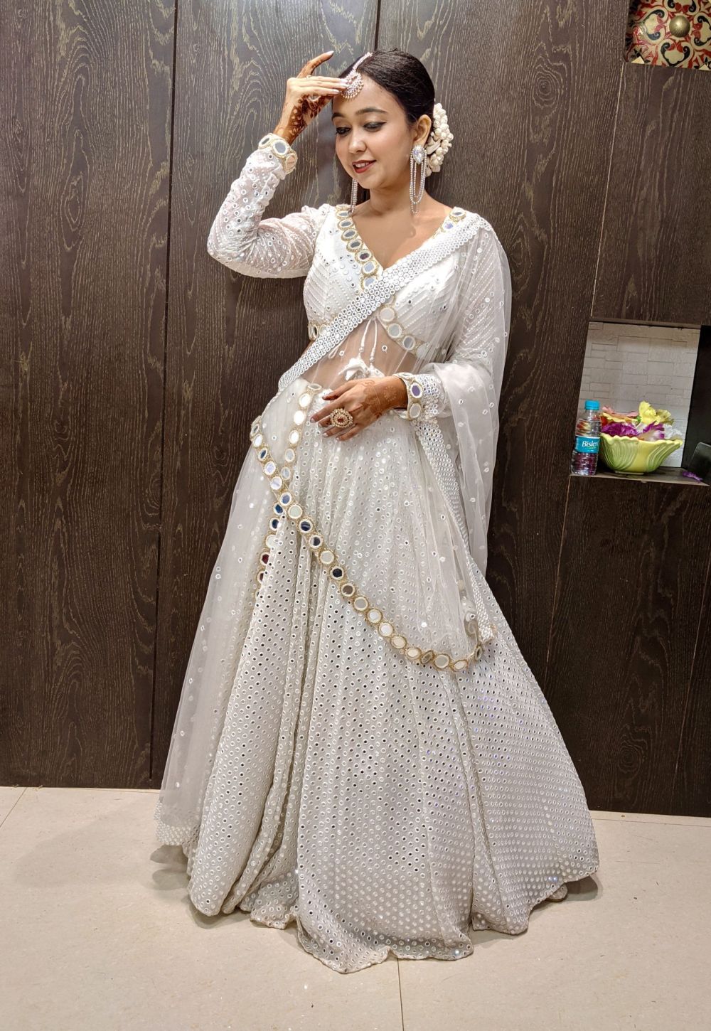 Heavy Faux Mirror Embroidery On White Pure Georgette Lehenga Set