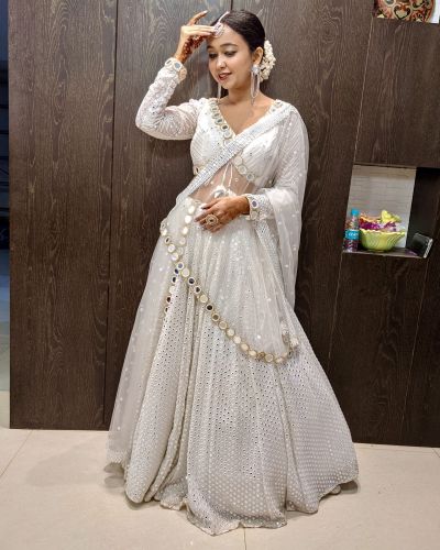 Heavy Faux Mirror Embroidery On White Pure Georgette Lehenga Set