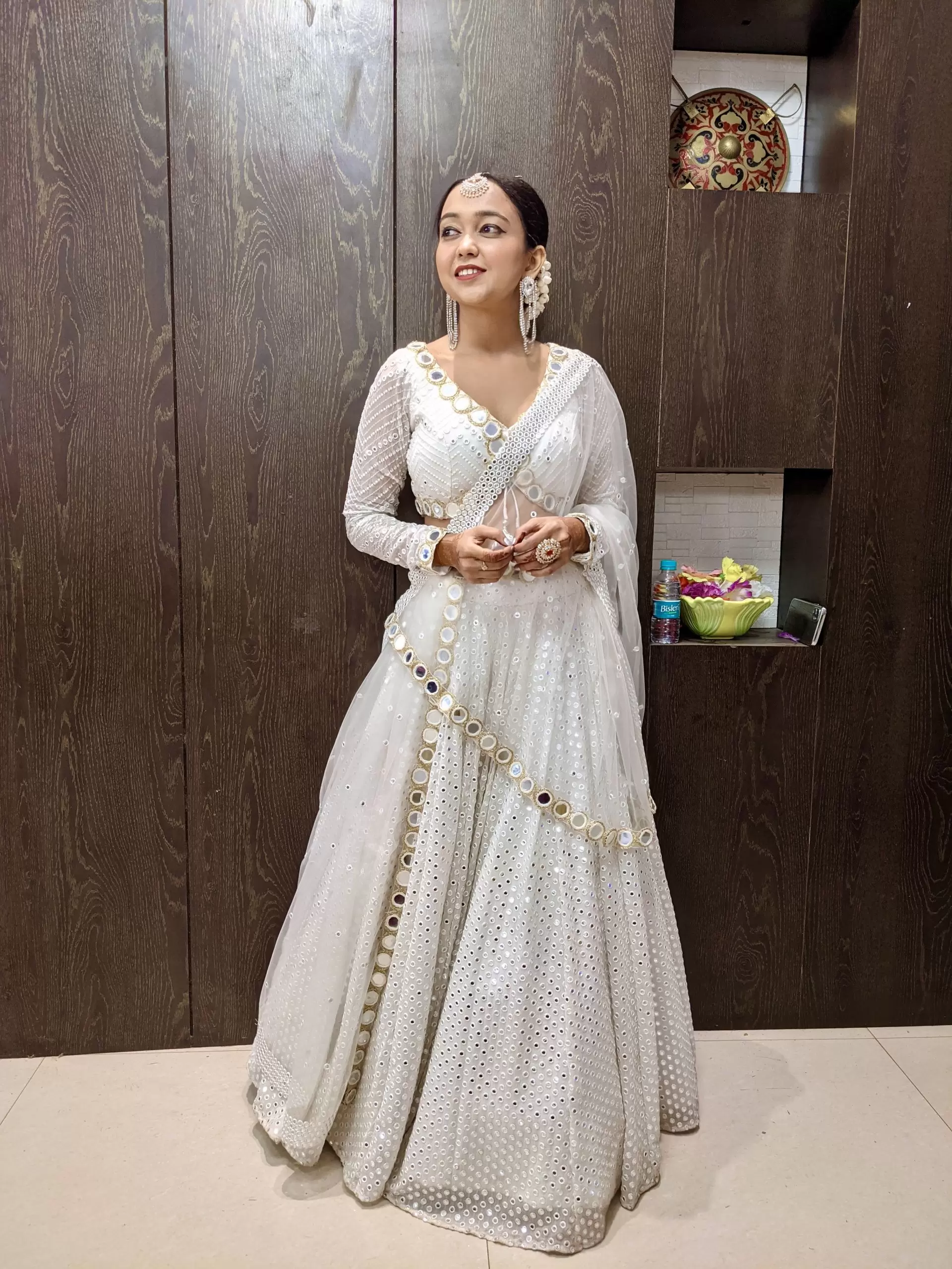 Heavy Faux Mirror Embroidery On White Pure Georgette Lehenga Set