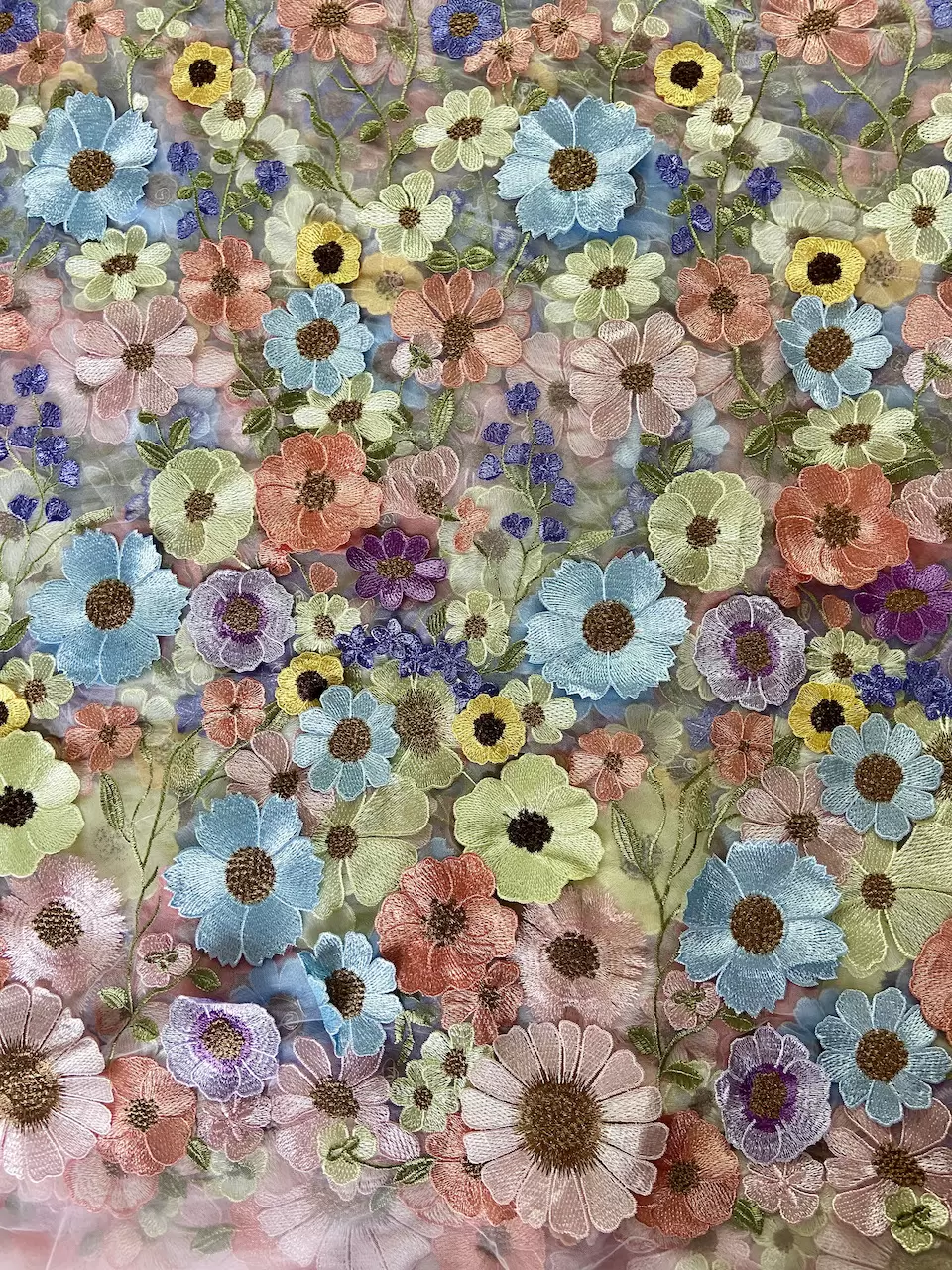 Multicolour Flower Applique On Big Width Net Fabric